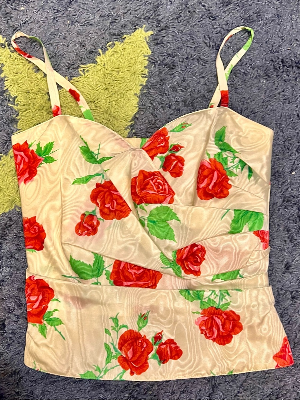 Emanuel Ungaro Red Rose Print Satin Bustier on Cream VINTAGE